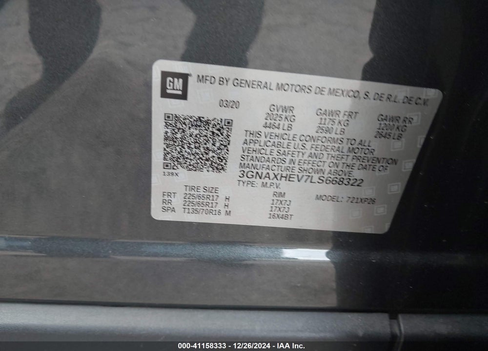 2020 CHEVROLET EQUINOX FWD LS VIN: 3GNAXHEV7LS668322