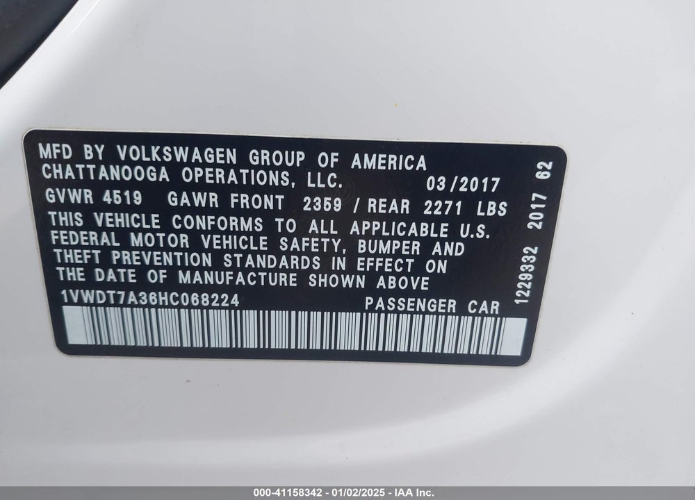 2017 VOLKSWAGEN PASSAT VIN: 1VWDT7A36HC068224