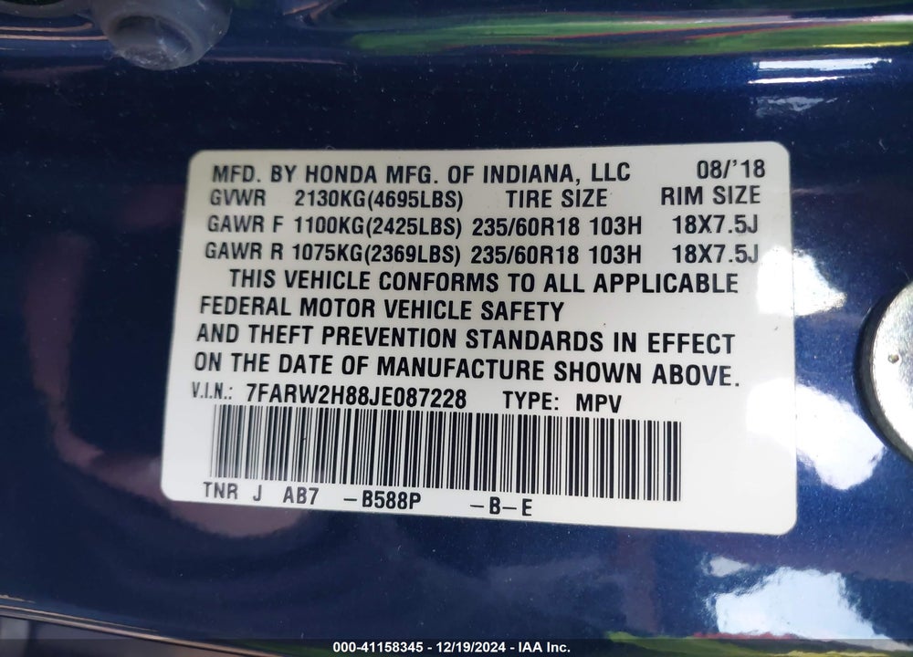 2018 HONDA CR-V EX-L/EX-L NAVI VIN: 7FARW2H88JE087228