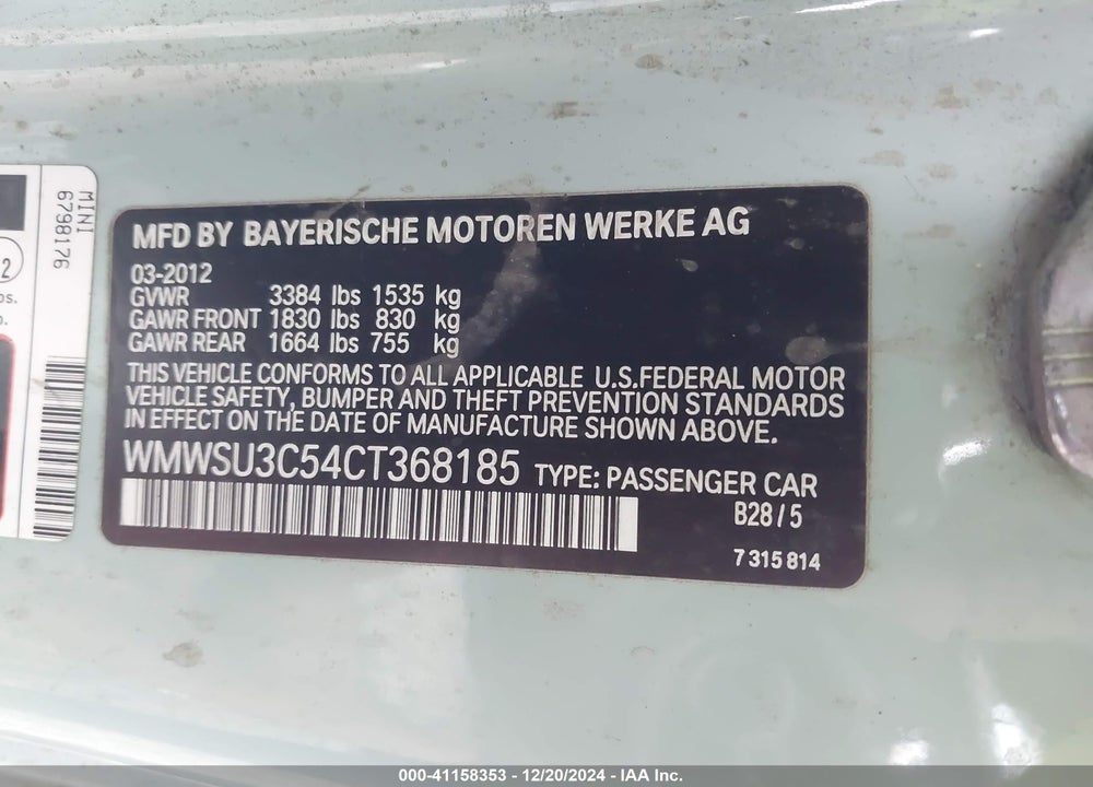 2012 MINI COOPER VIN: WMWSU3C54CT368185
