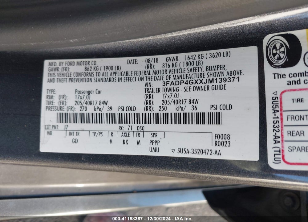 2018 FORD FIESTA VIN: 3FADP4GXXJM139371