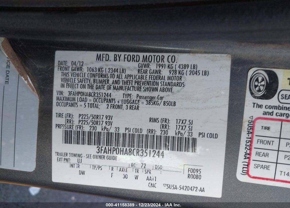 2012 FORD FUSION SE VIN: 3FAHP0HA8CR351244