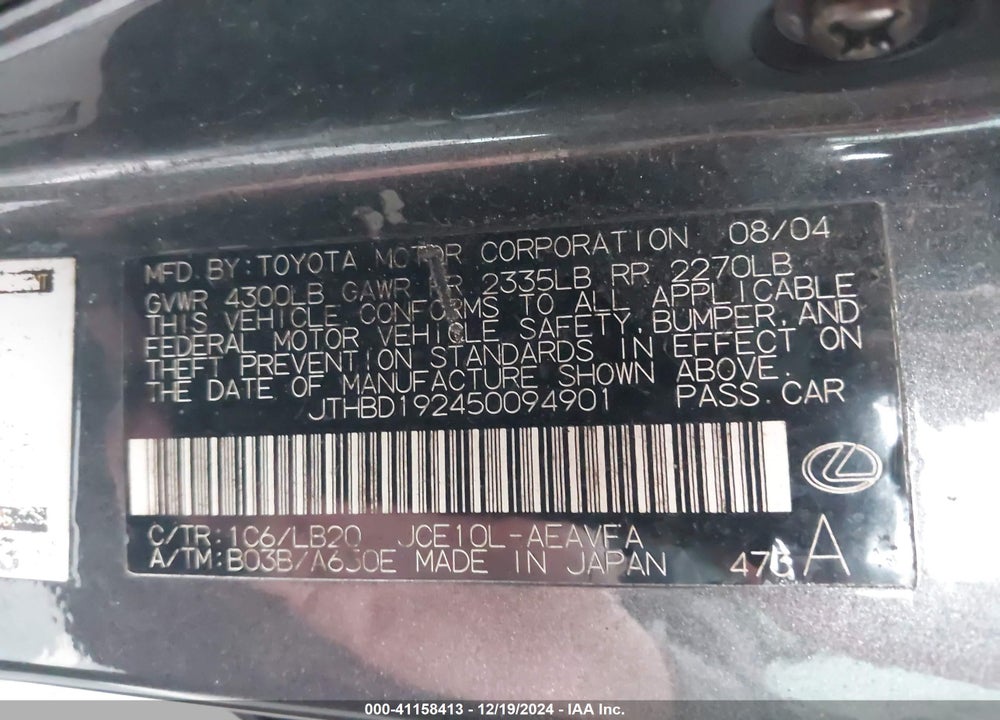 2005 LEXUS IS 300 VIN: JTHBD192450094901