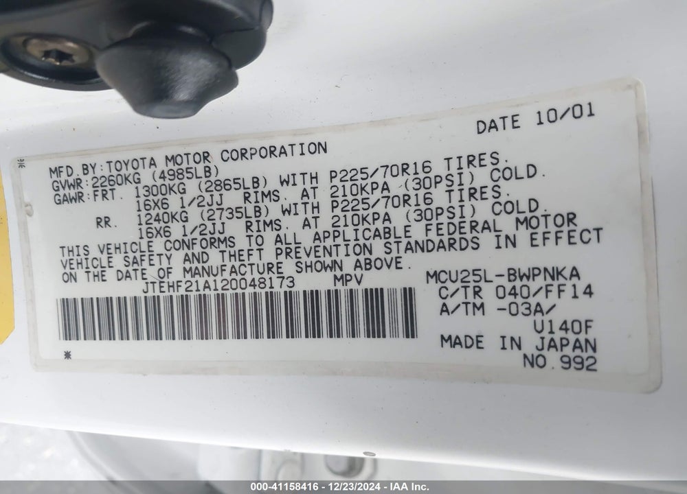 2002 TOYOTA HIGHLANDER LIMITED V6 VIN: JTEHF21A120048173