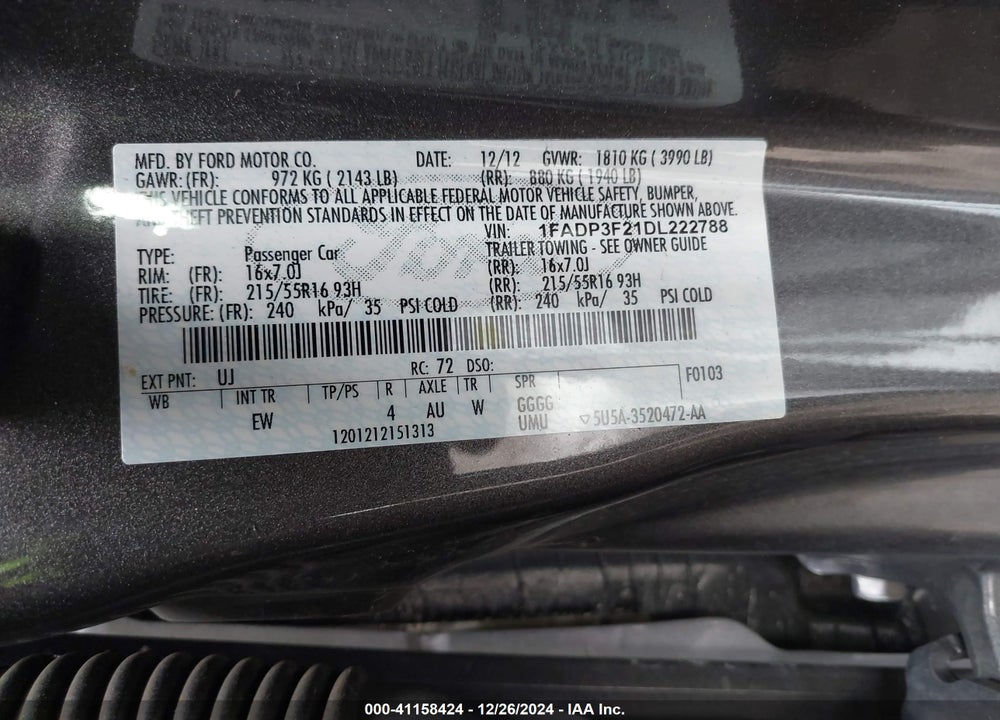 2013 FORD FOCUS SE VIN: 1FADP3F21DL222788