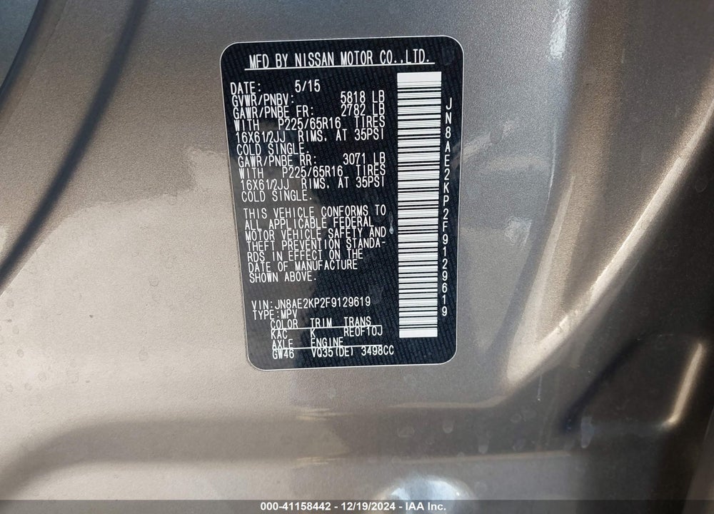 2015 NISSAN QUEST S VIN: JN8AE2KP2F9129619