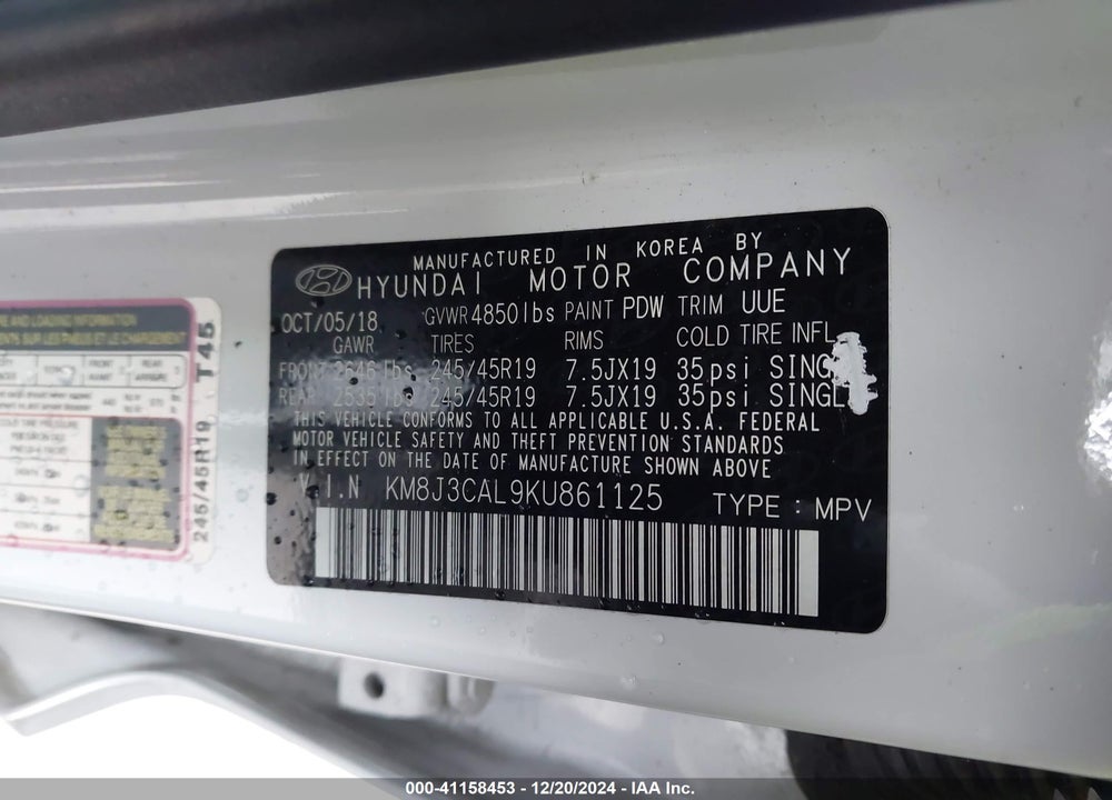 2019 HYUNDAI TUCSON SPORT VIN: KM8J3CAL9KU861125