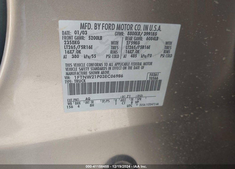 2003 FORD F-250 LARIAT/XL/XLT VIN: 1FTNW21P03EC06986