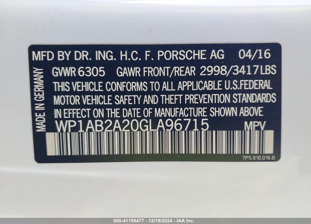 2016 PORSCHE CAYENNE S VIN: WP1AB2A20GLA96715