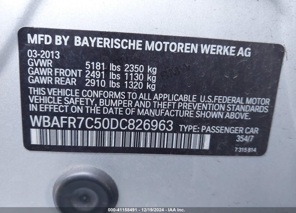 2013 BMW 535I VIN: WBAFR7C50DC826963
