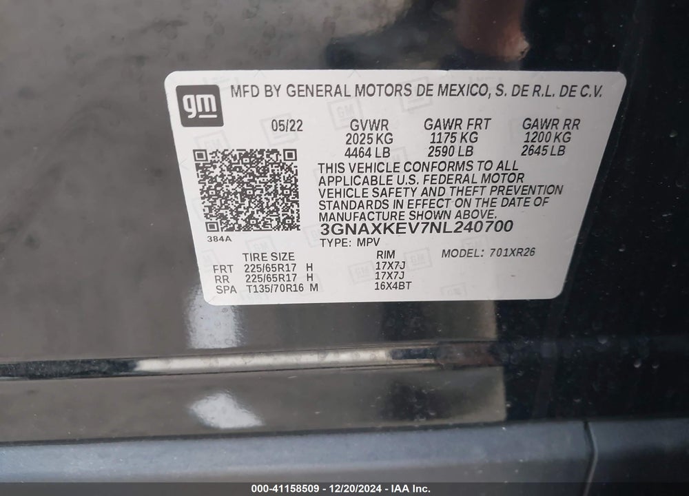 2022 CHEVROLET EQUINOX FWD LT VIN: 3GNAXKEV7NL240700