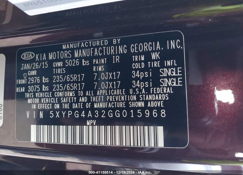 2016 KIA SORENTO 2.4L LX VIN: 5XYPG4A32GG015968
