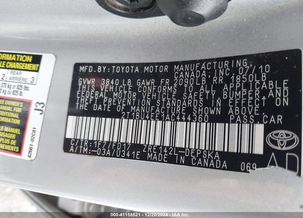 2010 TOYOTA COROLLA S VIN: 2T1BU4EE1AC444360