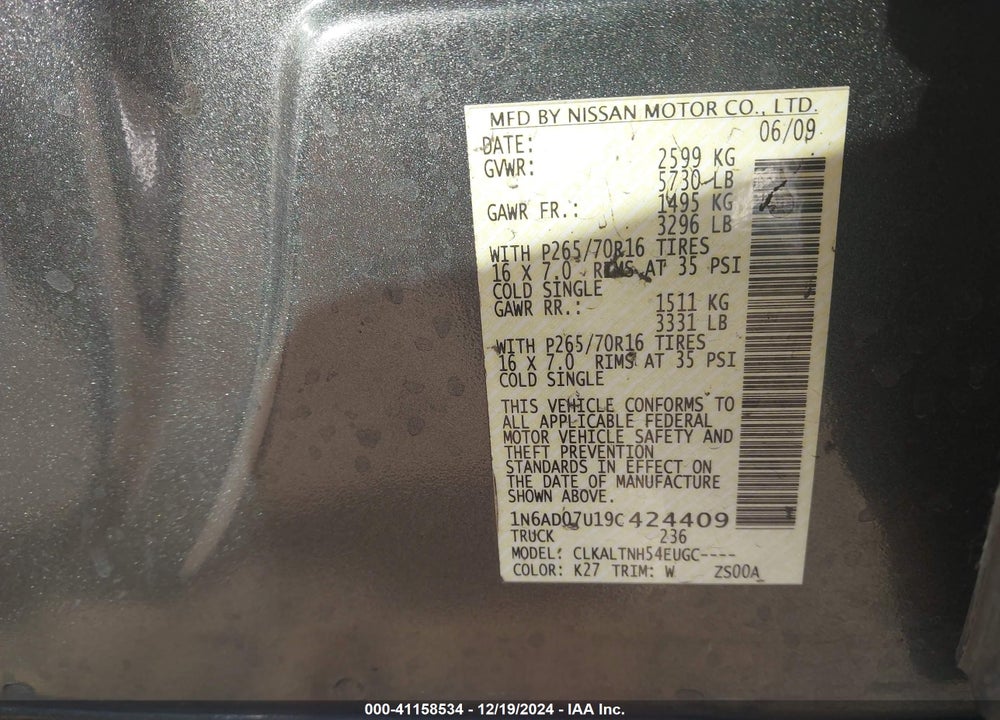 2009 NISSAN FRONTIER SE VIN: 1N6AD07U19C424409