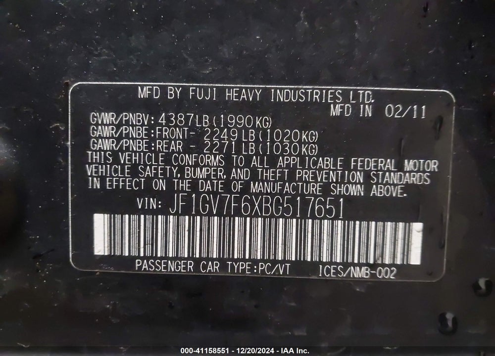 2011 SUBARU IMPREZA VIN: JF1GV7F6XBG517651