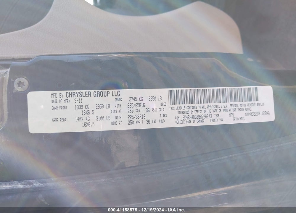 2011 DODGE GRAND CARAVAN EXPRESS VIN: 2D4RN4DG0BR706243