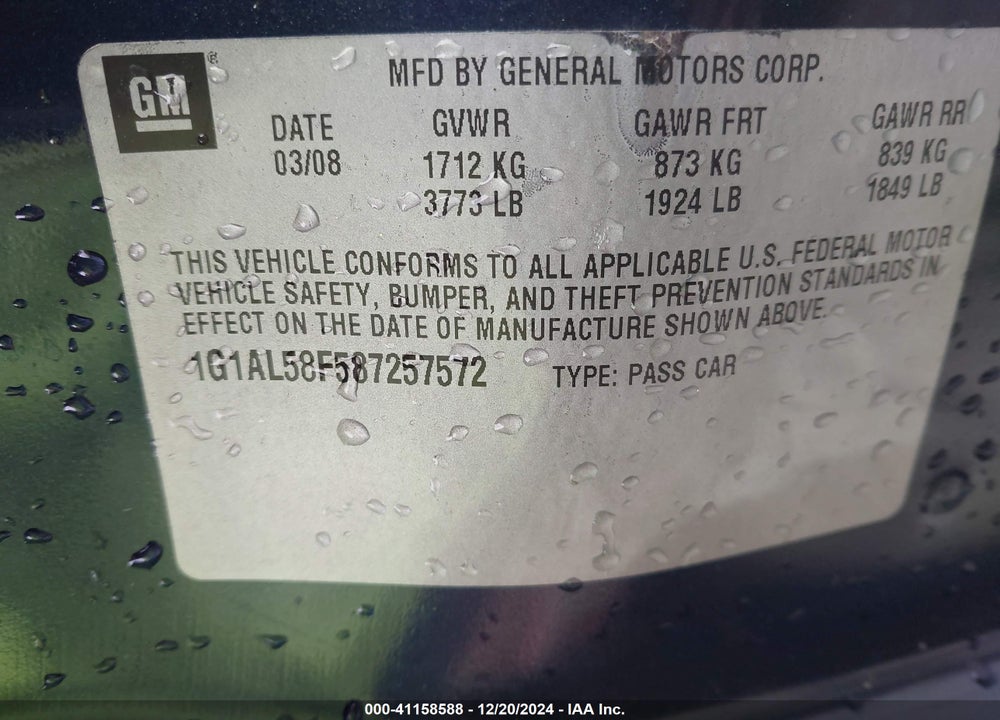 2008 CHEVROLET COBALT LT VIN: 1G1AL58F587257572