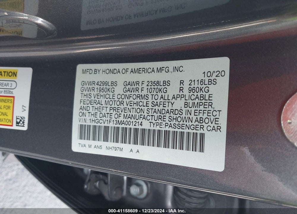 2021 HONDA ACCORD LX VIN: 1HGCV1F13MA001214
