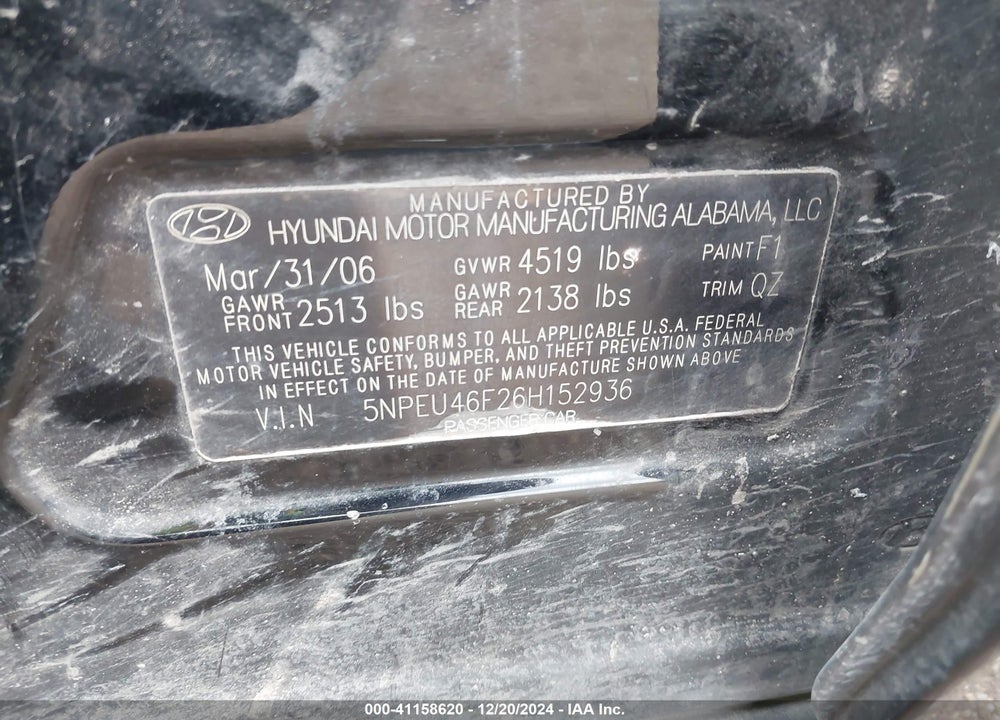 2006 HYUNDAI SONATA GLS V6/LX V6 VIN: 5NPEU46F26H152936