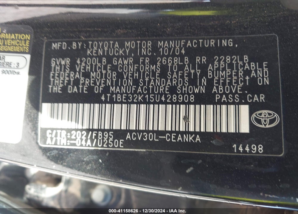 2005 TOYOTA CAMRY LE VIN: 4T1BE32K15U428908