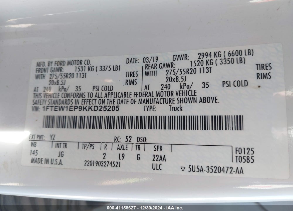 2019 FORD F-150 XL VIN: 1FTEW1EP9KKD25205