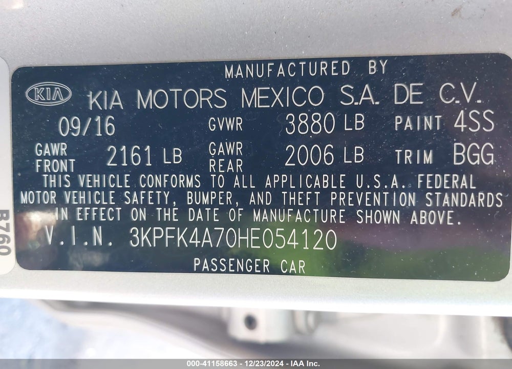2017 KIA FORTE LX VIN: 3KPFK4A70HE054120
