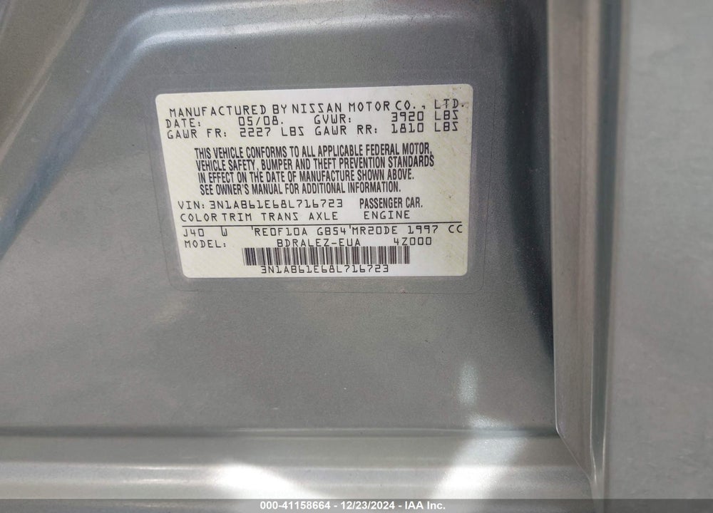 2008 NISSAN SENTRA VIN: 3N1AB61E68L716723