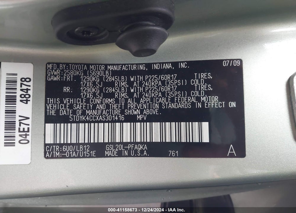 2010 TOYOTA SIENNA LIMITED VIN: 5TDYK4CCXAS301416