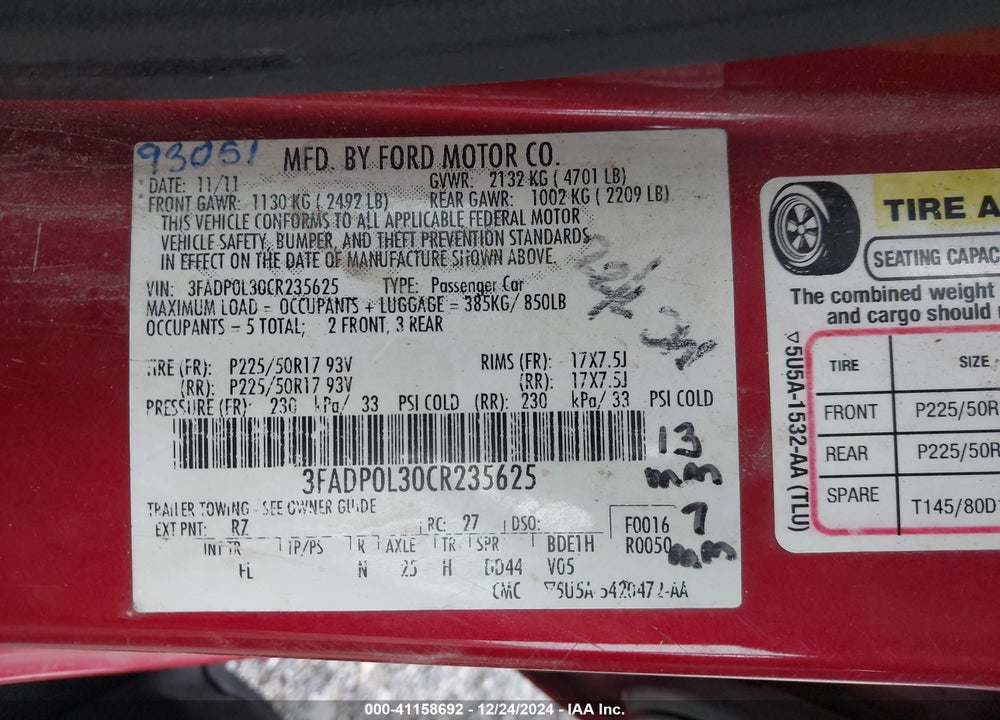2012 FORD FUSION HYBRID VIN: 3FADP0L30CR235625