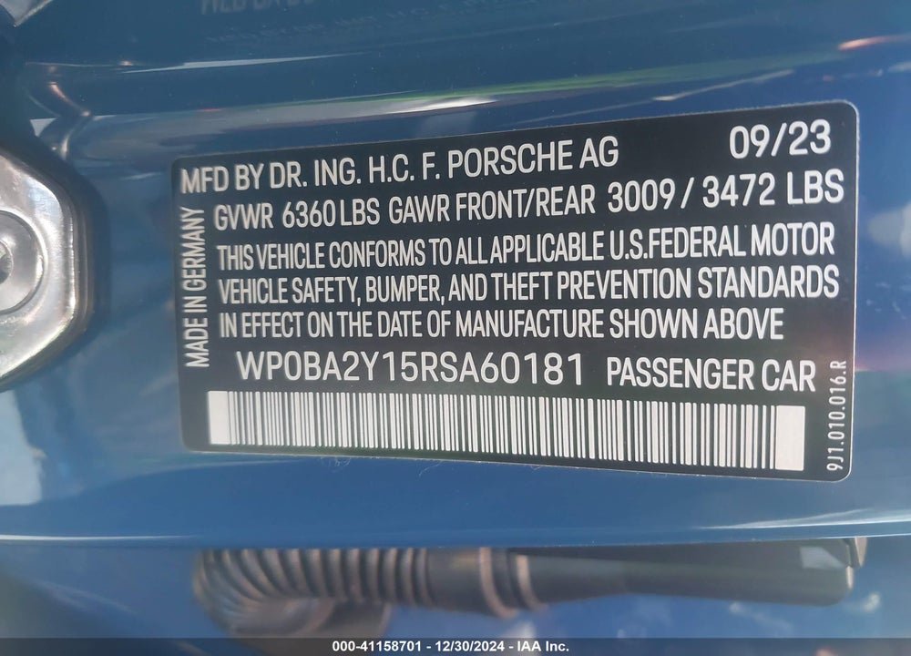 2024 PORSCHE TAYCAN VIN: WP0BA2Y15RSA60181