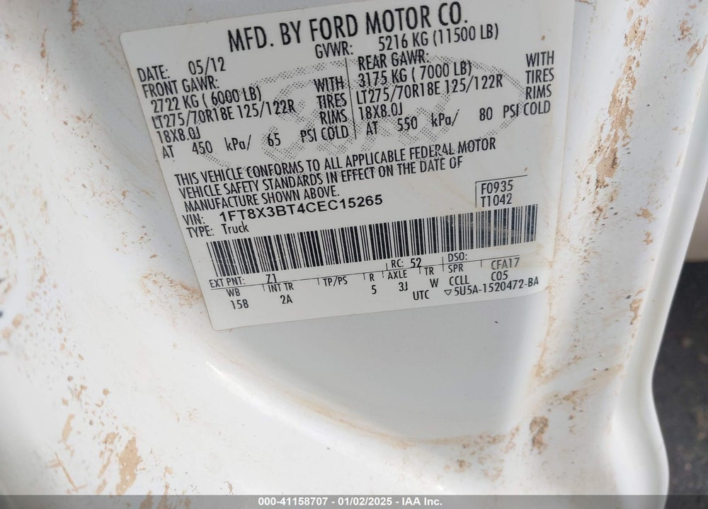 2012 FORD F-350 XLT VIN: 1FT8X3BT4CEC15265