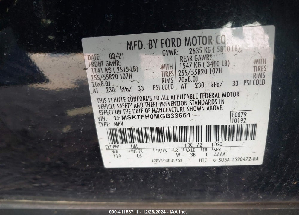2021 FORD EXPLORER LIMITED VIN: 1FMSK7FH0MGB33651