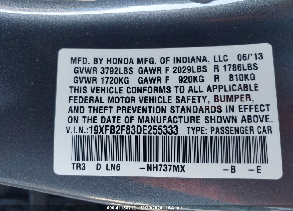 2013 HONDA CIVIC EX VIN: 19XFB2F83DE255333