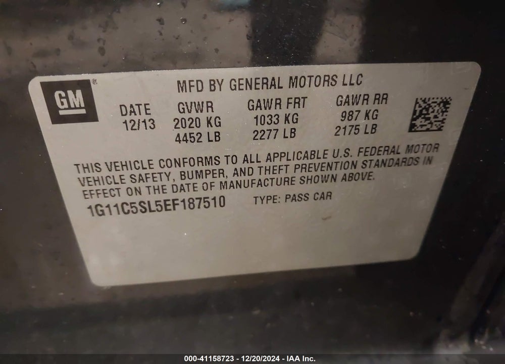 2014 CHEVROLET MALIBU 1LT VIN: 1G11C5SL5EF187510
