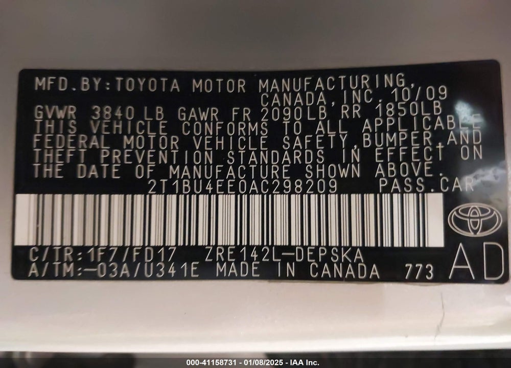 2010 TOYOTA COROLLA VIN: 2T1BU4EE0AC298209