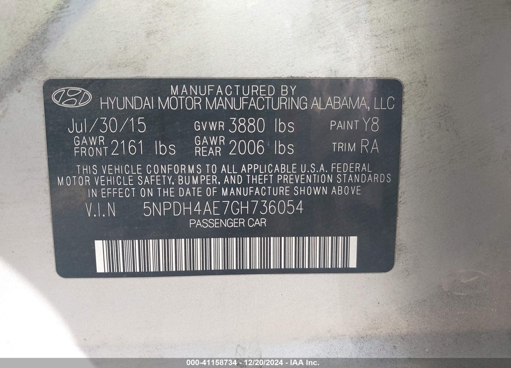 2016 HYUNDAI ELANTRA SE VIN: 5NPDH4AE7GH736054