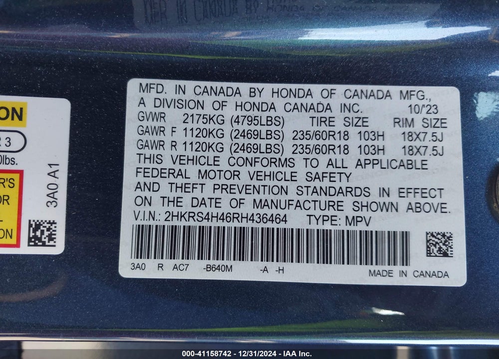 2024 HONDA CR-V EX AWD VIN: 2HKRS4H46RH436464