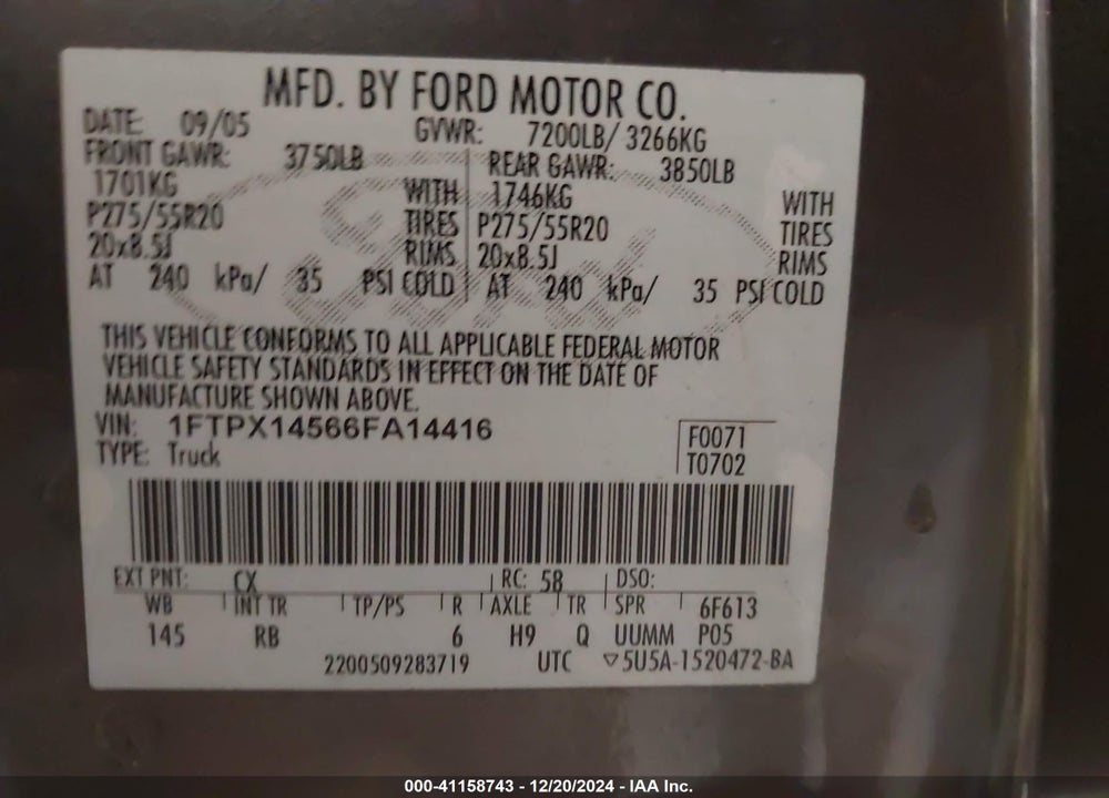 2006 FORD F-150 FX4/LARIAT/XL/XLT VIN: 1FTPX14566FA14416