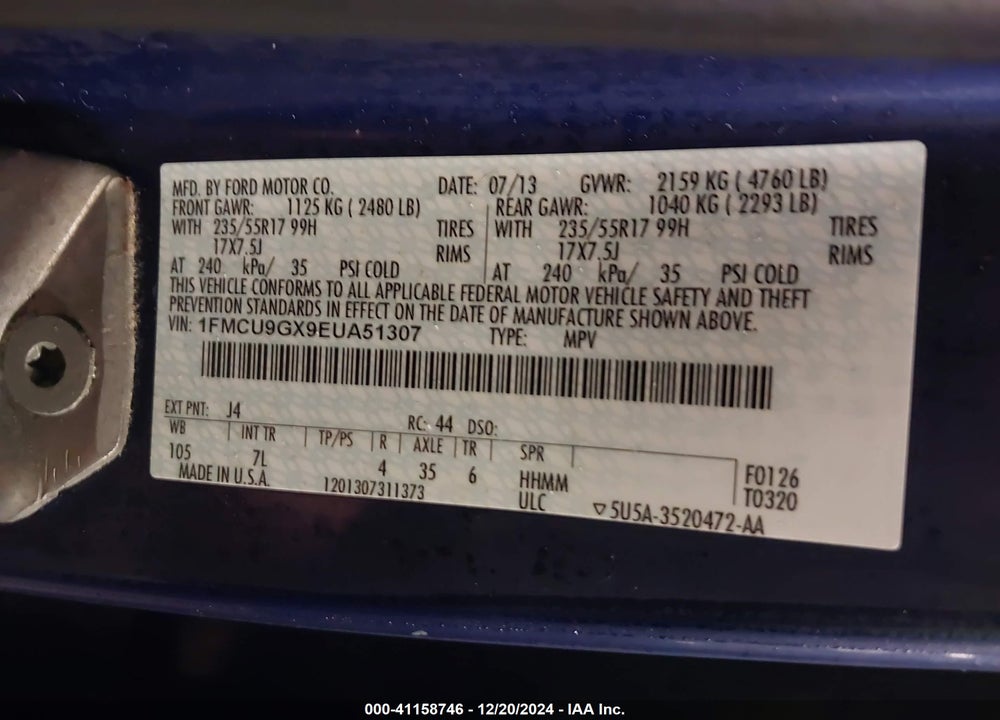 2014 FORD ESCAPE SE VIN: 1FMCU9GX9EUA51307