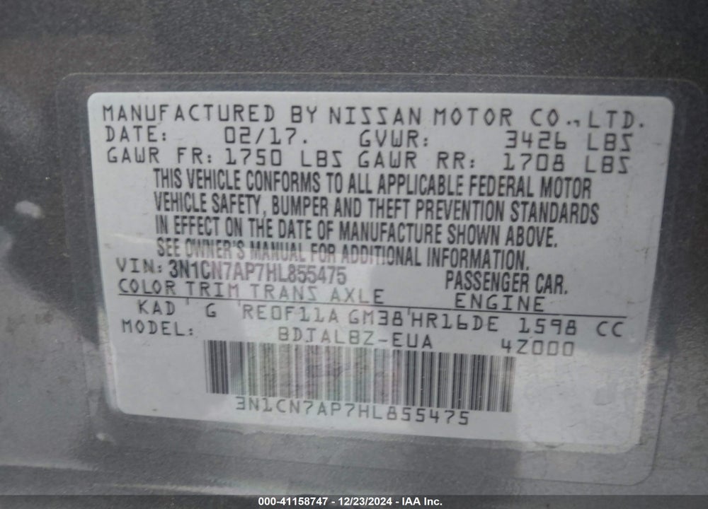 2017 NISSAN VERSA VIN: 3N1CN7AP7HL855475