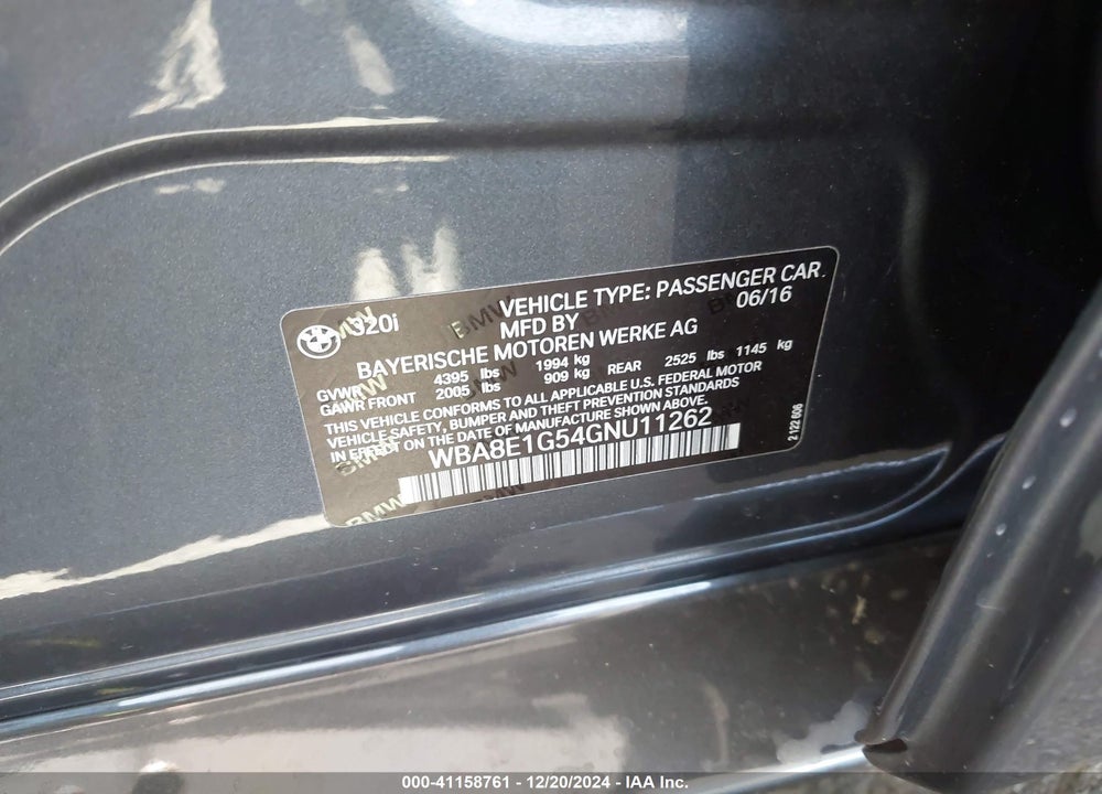2016 BMW 320I VIN: WBA8E1G54GNU11262
