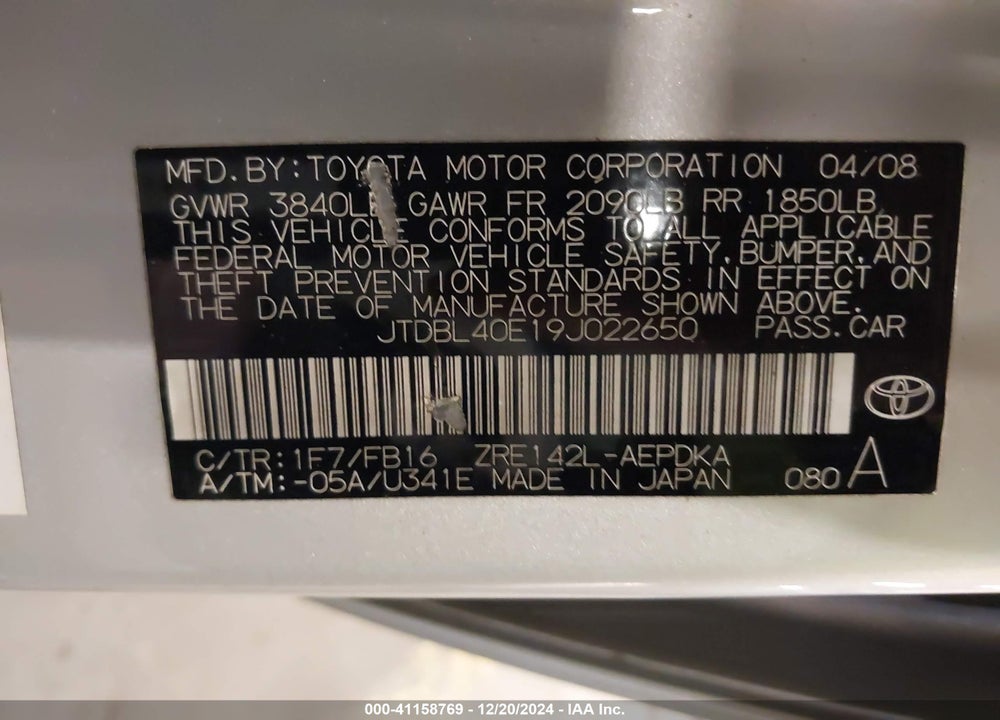 2009 TOYOTA COROLLA LE VIN: JTDBL40E19J022650