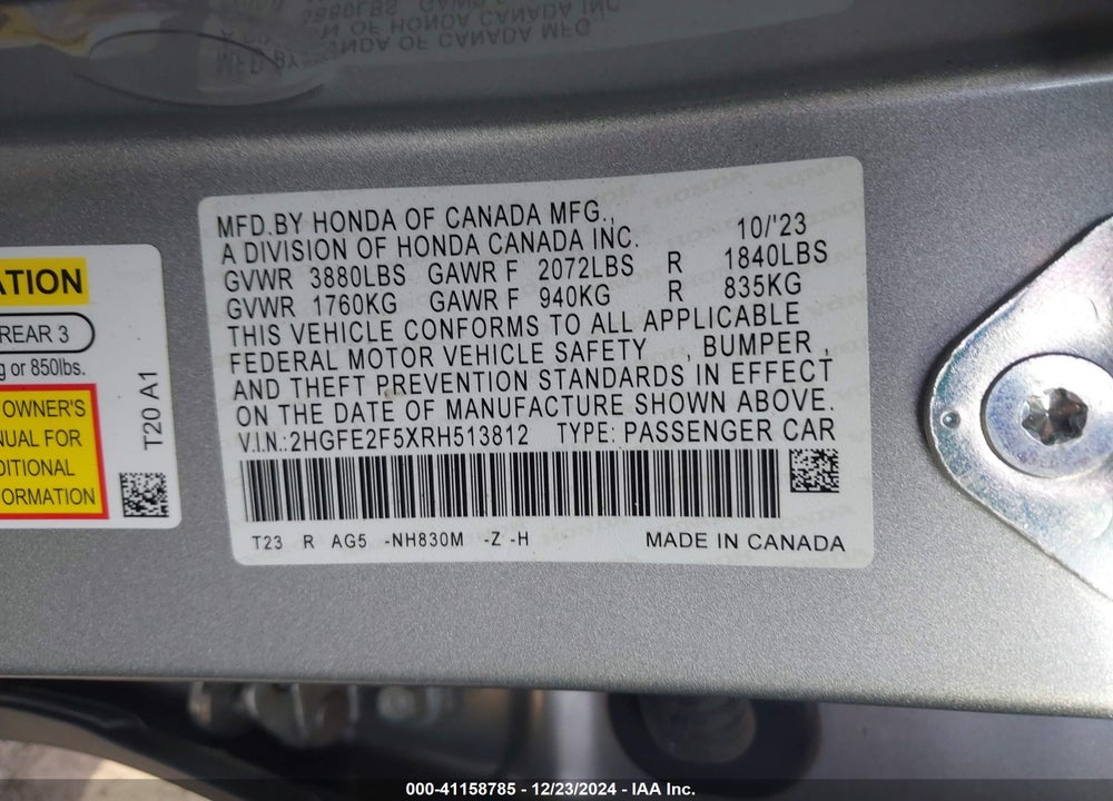 2024 HONDA CIVIC VIN: 2HGFE2F5XRH513812