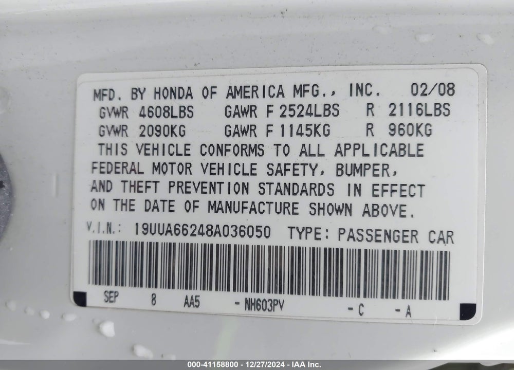 2008 ACURA TL 3.2 VIN: 19UUA66248A036050