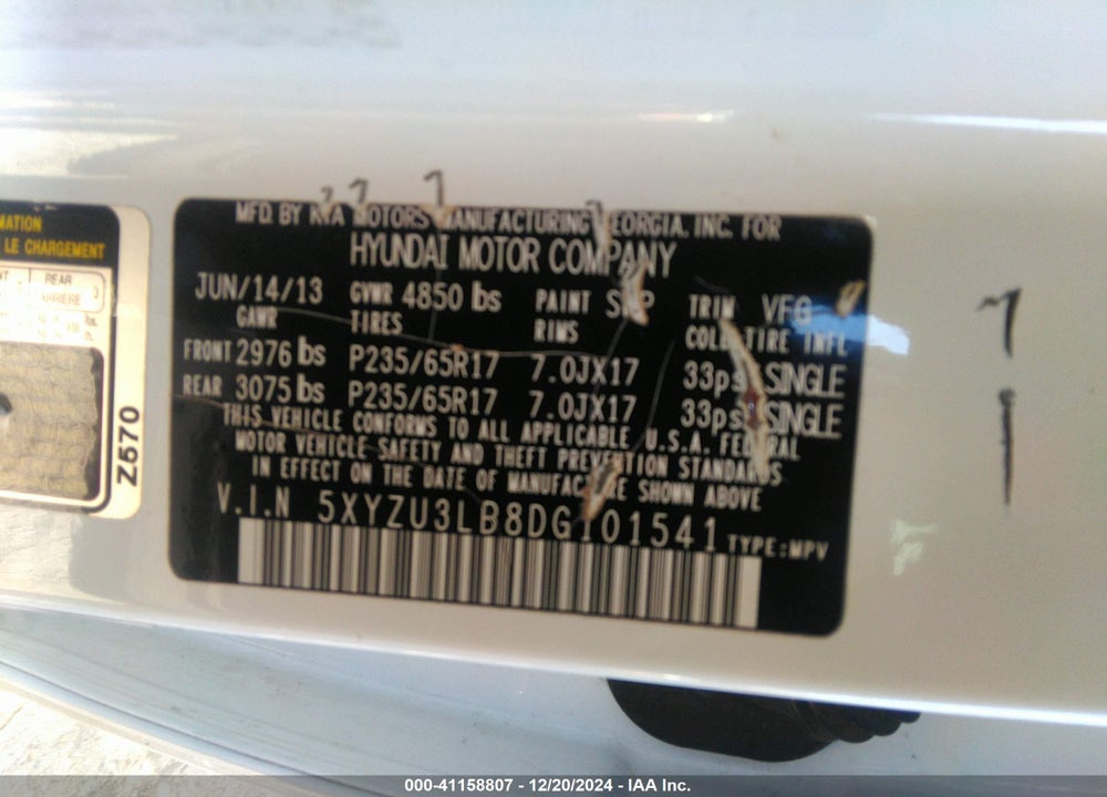 2013 HYUNDAI SANTA FE SPORT VIN: 5XYZU3LB8DG101541