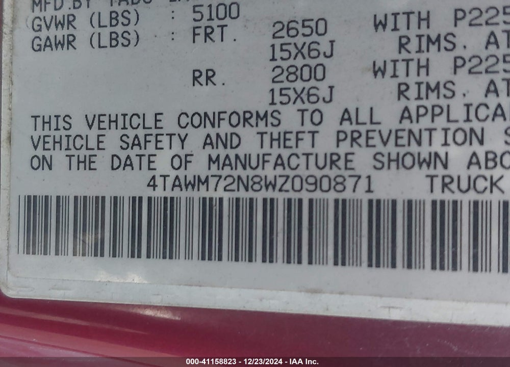 1998 TOYOTA TACOMA VIN: 4TAWM72N8WZ090871