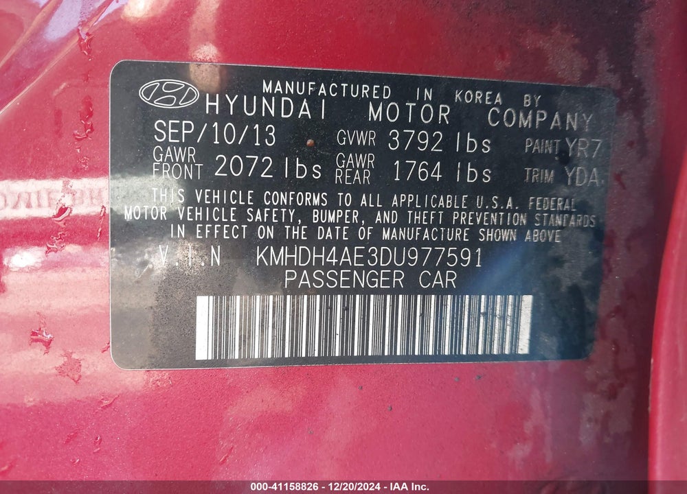 2013 HYUNDAI ELANTRA GLS VIN: KMHDH4AE3DU977591