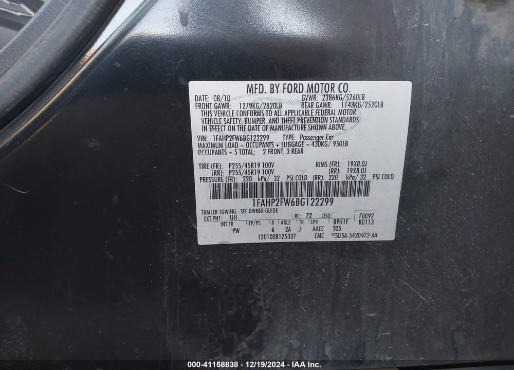 2011 FORD TAURUS VIN: 1FAHP2FW6BG122299