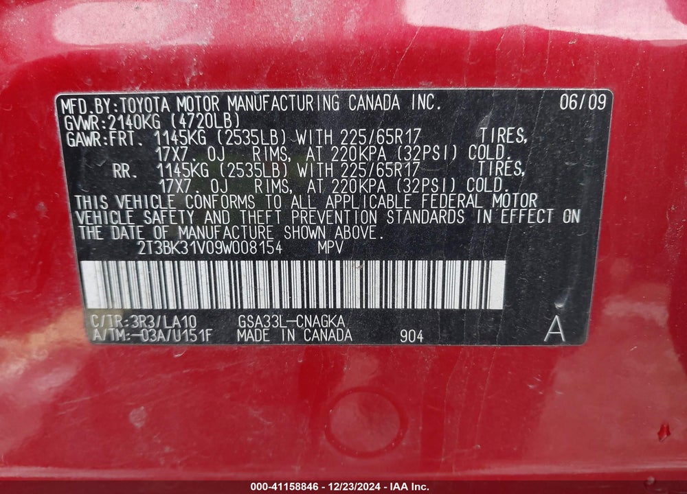 2009 TOYOTA RAV4 LIMITED VIN: 2T3BK31V09W008154