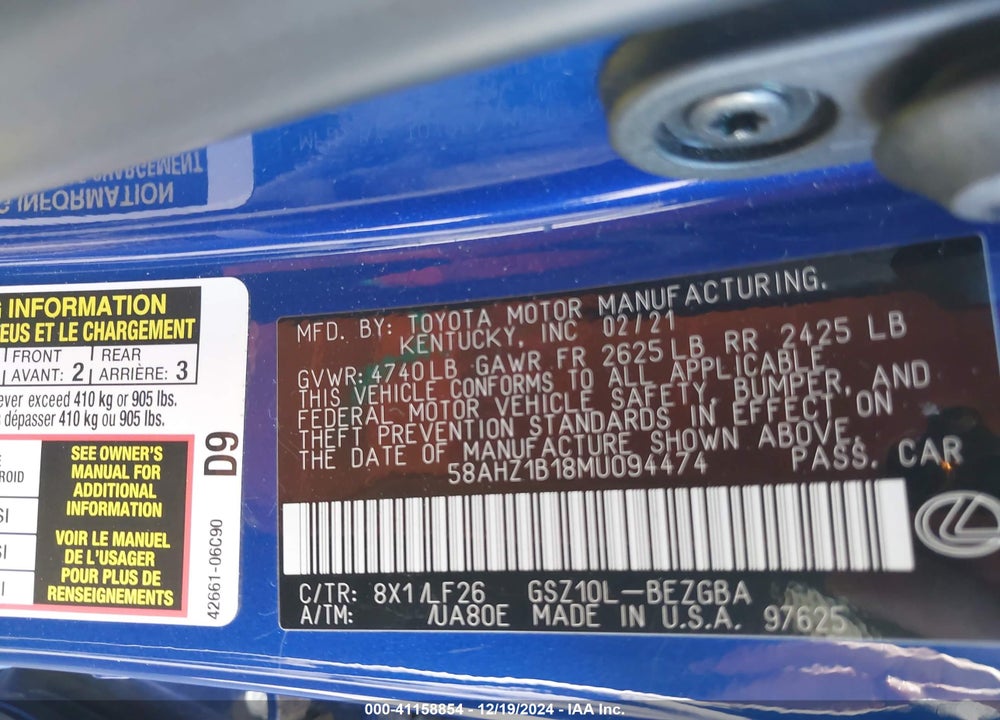 2021 LEXUS ES 350 VIN: 58AHZ1B18MU094474